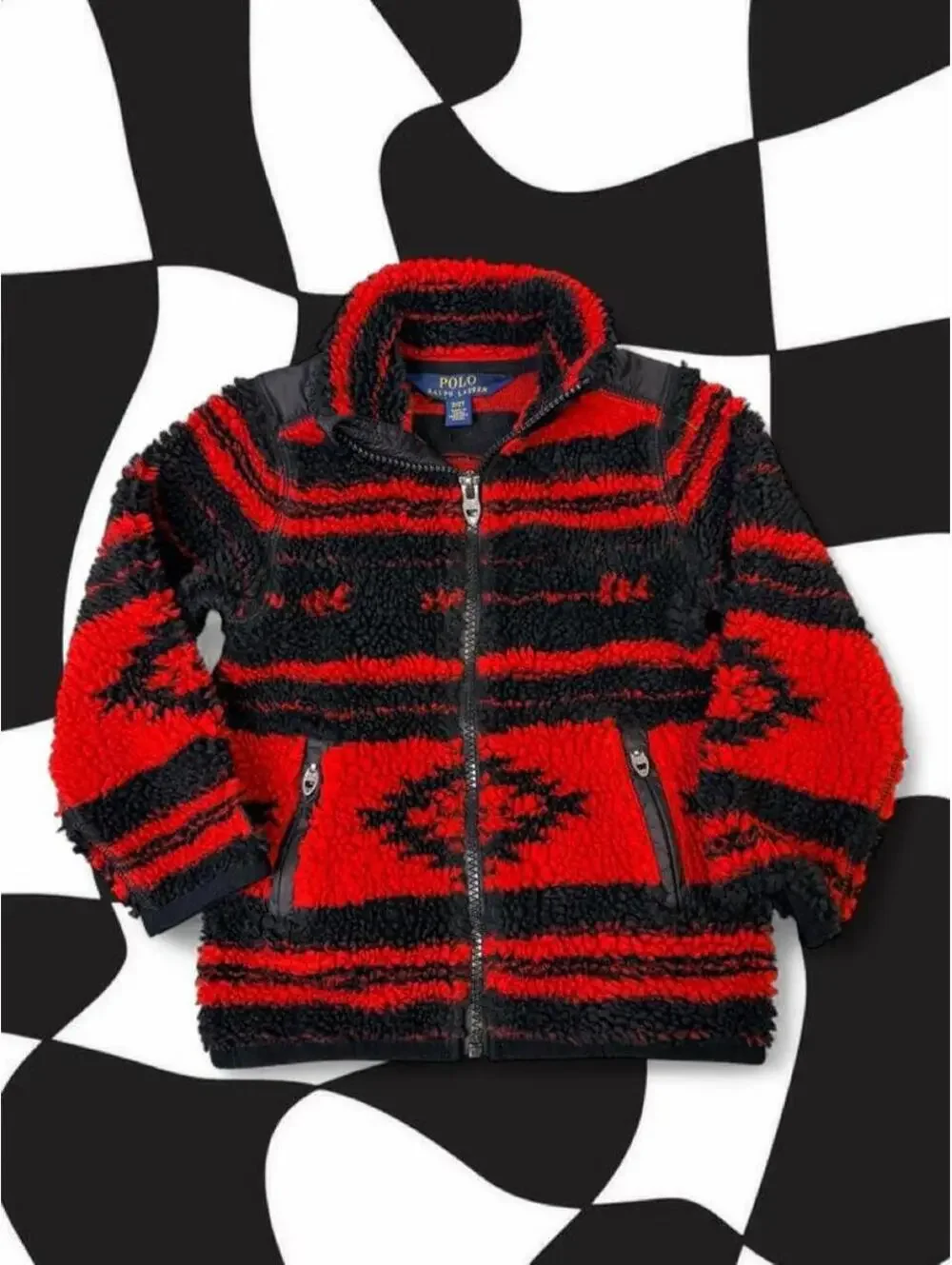 Polo Ralph Lauren Kids Red & Black Aztec Pattern Sherpa Fleece Jacket